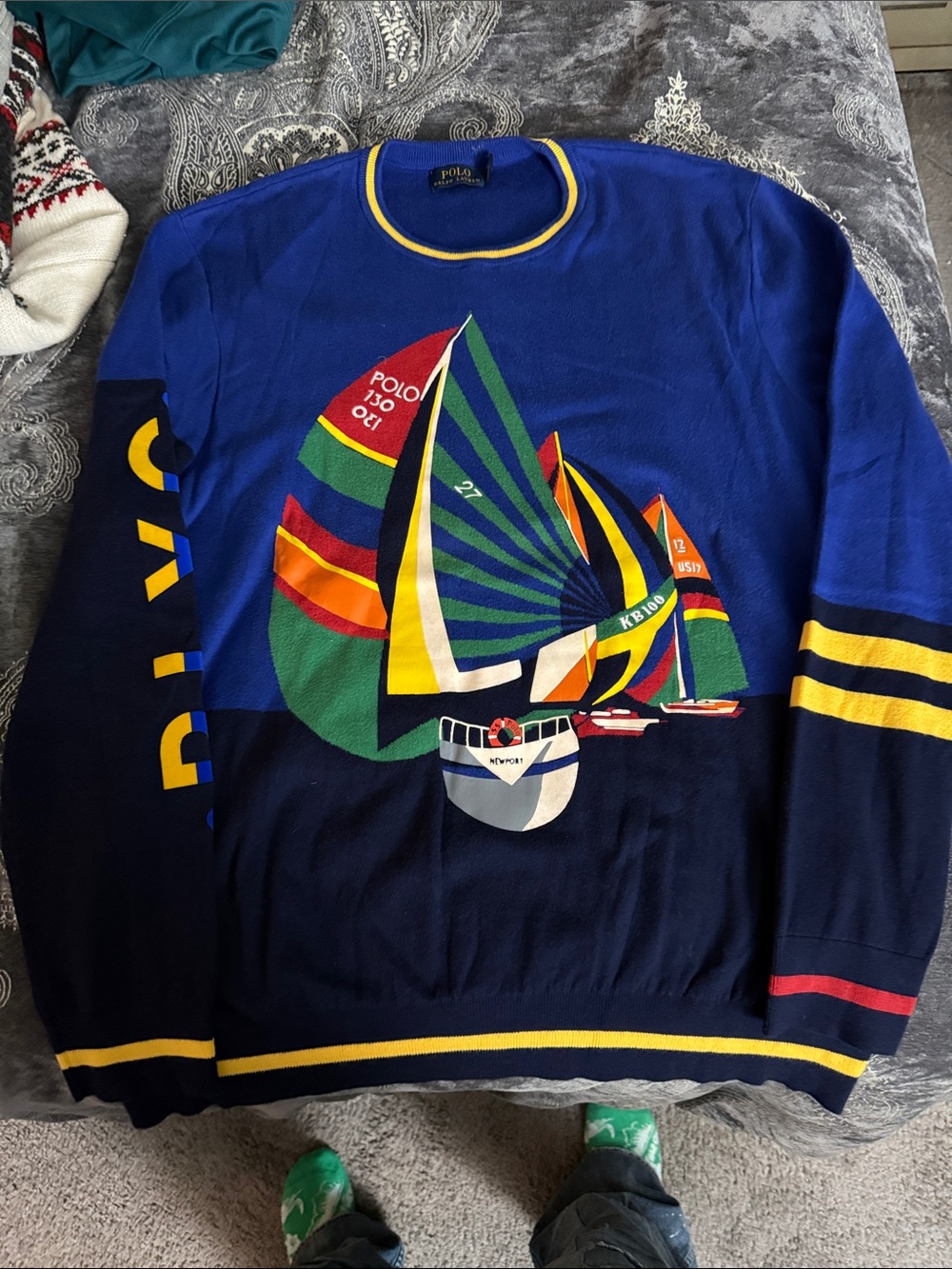 Polo by Ralph Lauren Royal Blue & Navy Multicolor Sailboat Crewneck Sweater